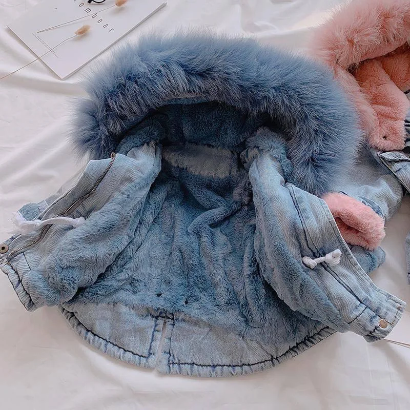 Autumn and Winter Children's Coat Solid Color Plush Thickened Warm Denim Collar Hooded Girl's Coat Warm Baby Clothes