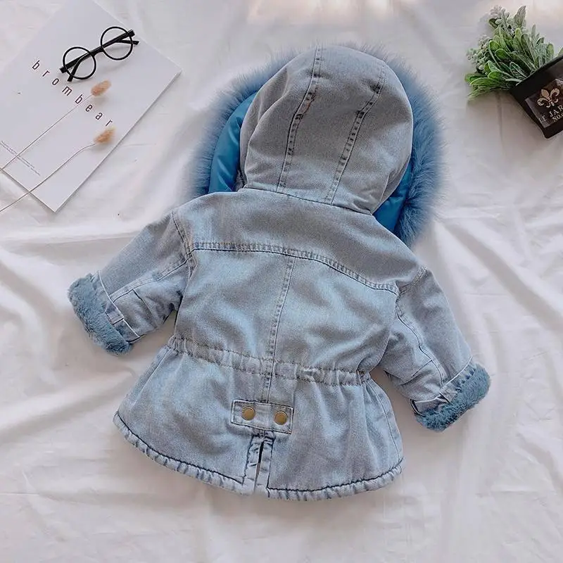 Autumn and Winter Children's Coat Solid Color Plush Thickened Warm Denim Collar Hooded Girl's Coat Warm Baby Clothes