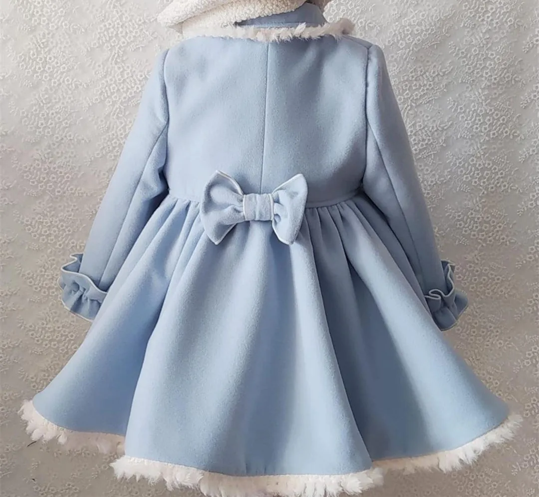 1-12Y Baby Girl Autumn Winter Handmand Customized Palace England Spanish Light Blue Princess Wool Coat for Casual C251