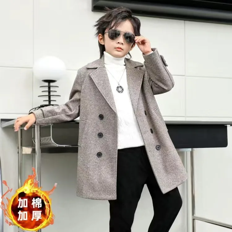 Children Boys Girls Wool Coat Jacket Outerwear 2023 Newest Thicken Plus Velvet Winter Autumn Cotton Children's Clothing Unisex