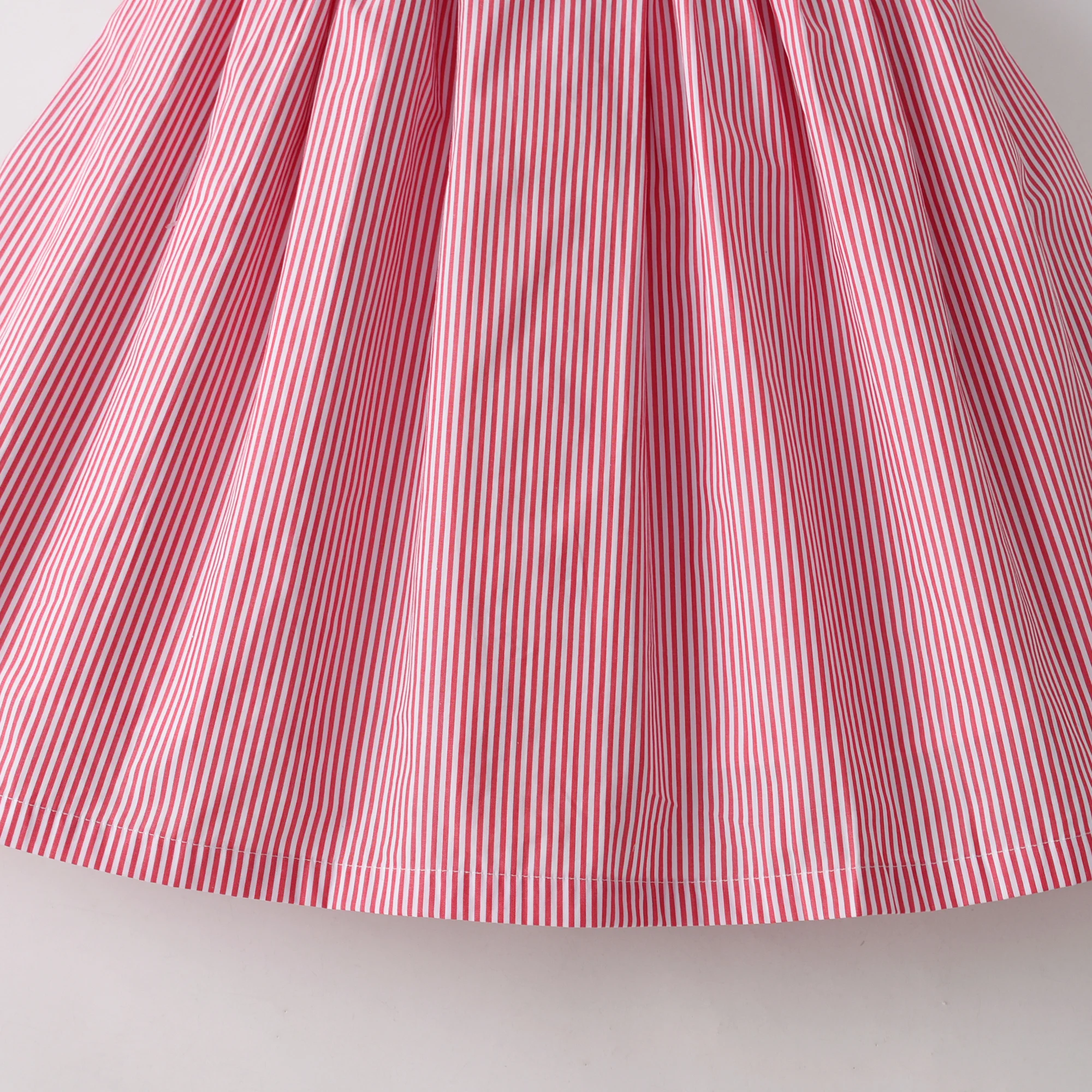 Stripe Frill Collar Kids Girls Dress Smocked Embroider Birthday Party Children Clothing Baby Short Sleeves Dresses For Summer