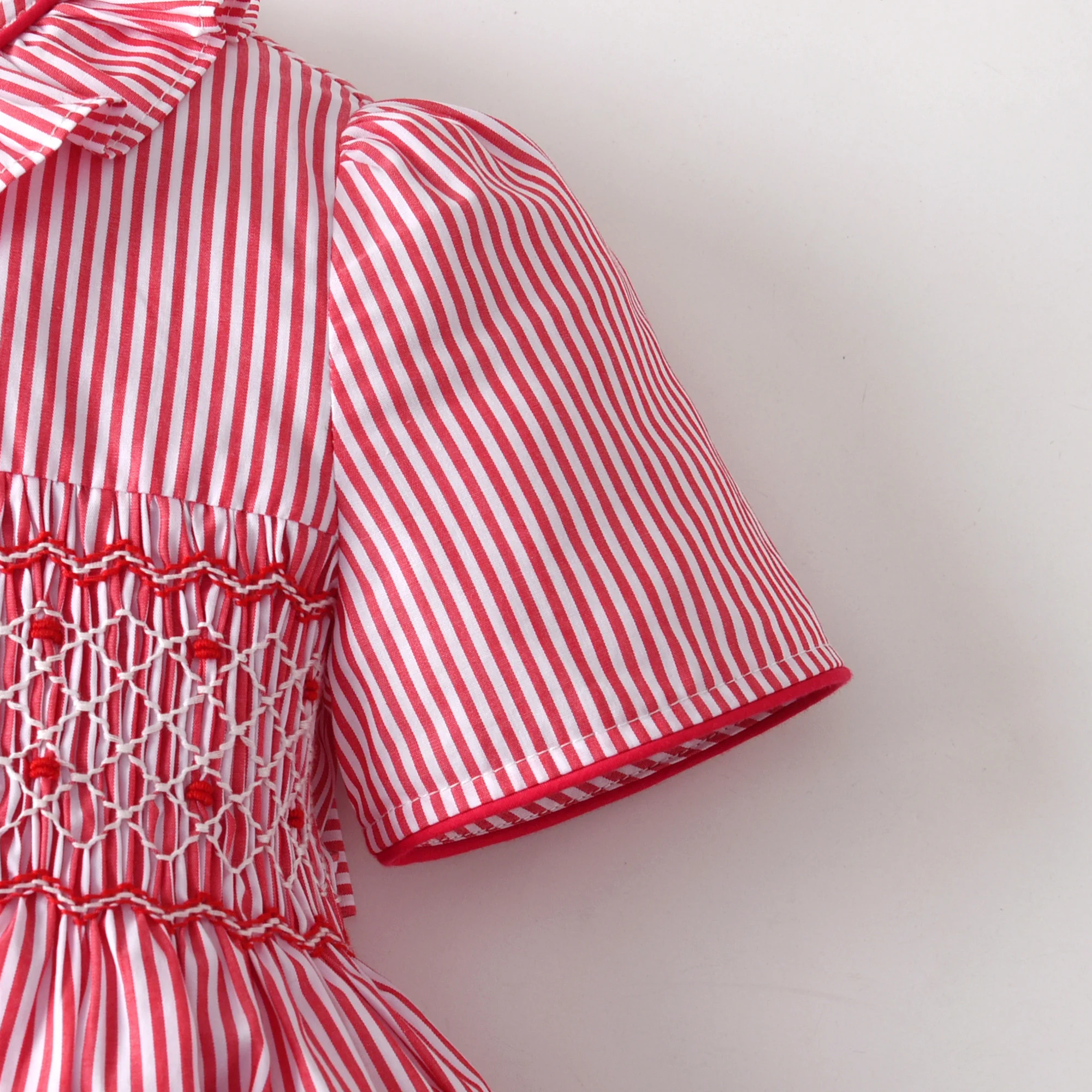 Stripe Frill Collar Kids Girls Dress Smocked Embroider Birthday Party Children Clothing Baby Short Sleeves Dresses For Summer