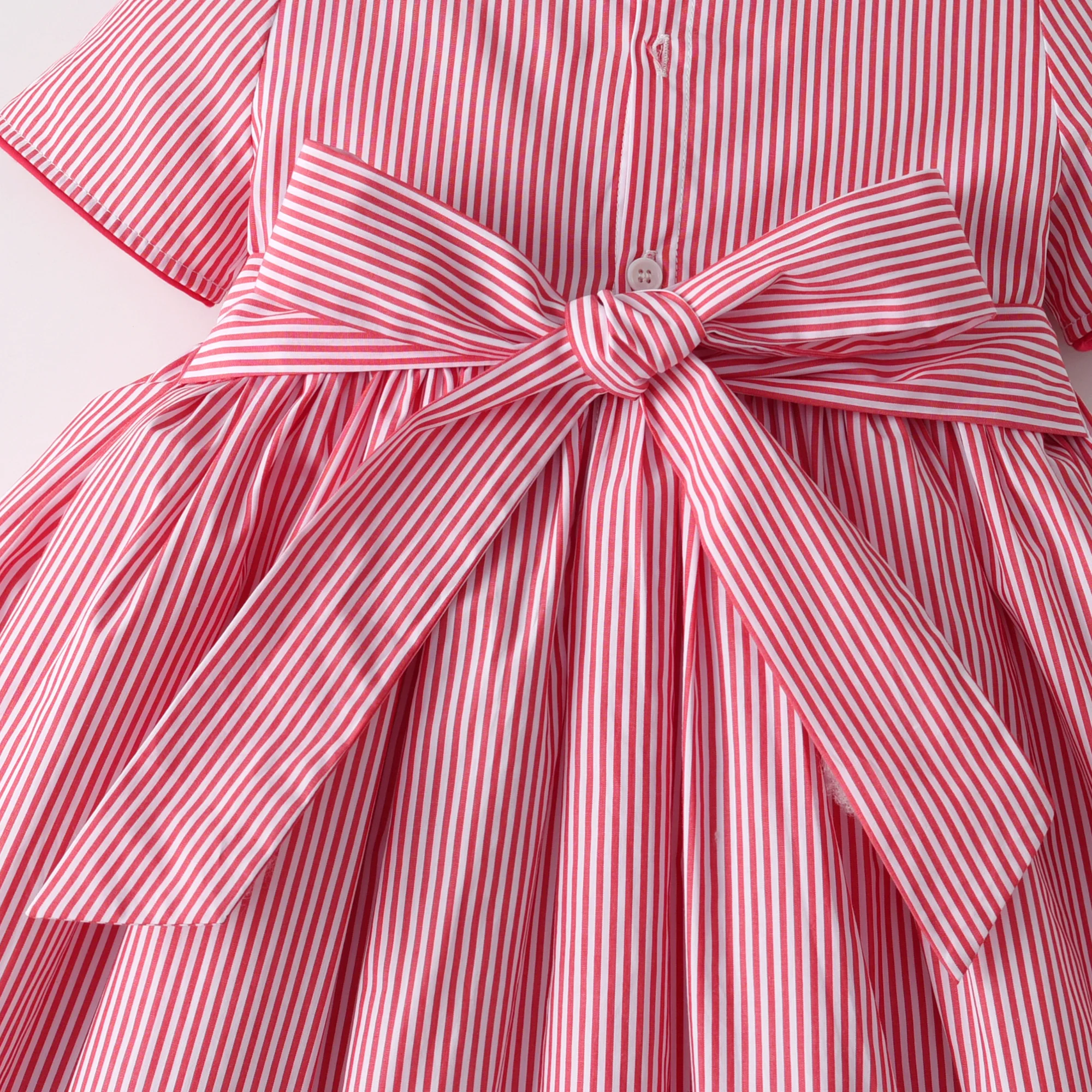 Stripe Frill Collar Kids Girls Dress Smocked Embroider Birthday Party Children Clothing Baby Short Sleeves Dresses For Summer