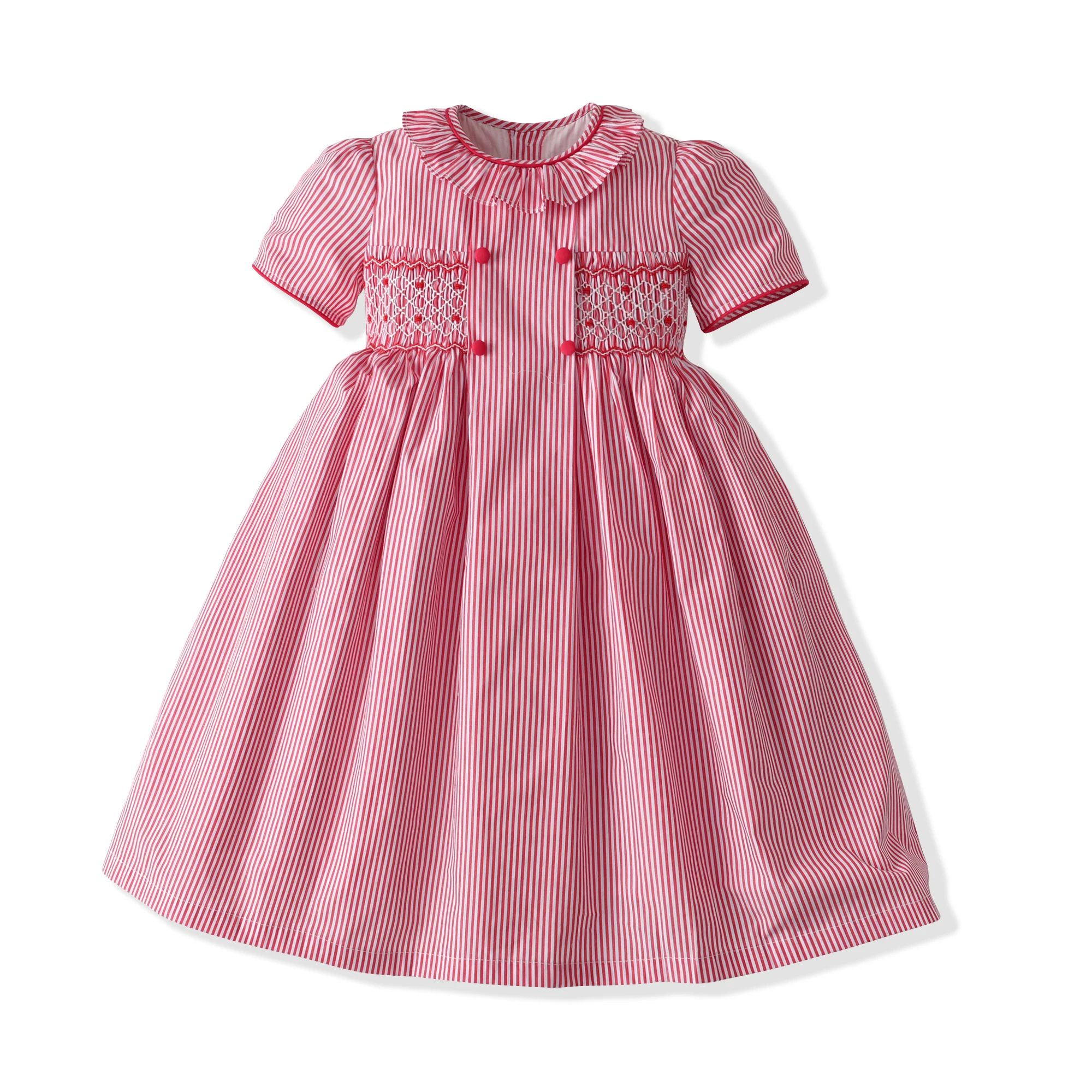 Stripe Frill Collar Kids Girls Dress Smocked Embroider Birthday Party Children Clothing Baby Short Sleeves Dresses For Summer