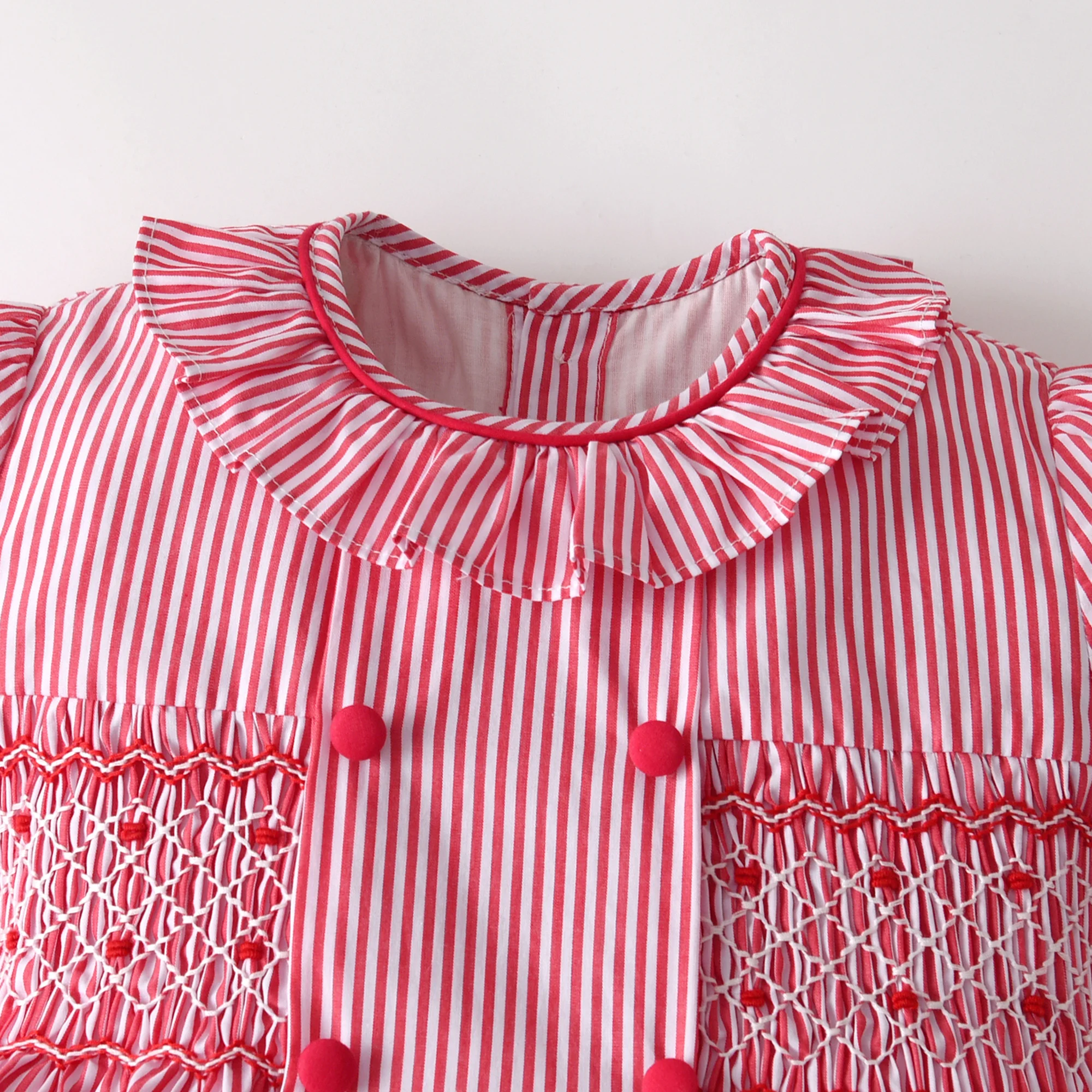 Stripe Frill Collar Kids Girls Dress Smocked Embroider Birthday Party Children Clothing Baby Short Sleeves Dresses For Summer
