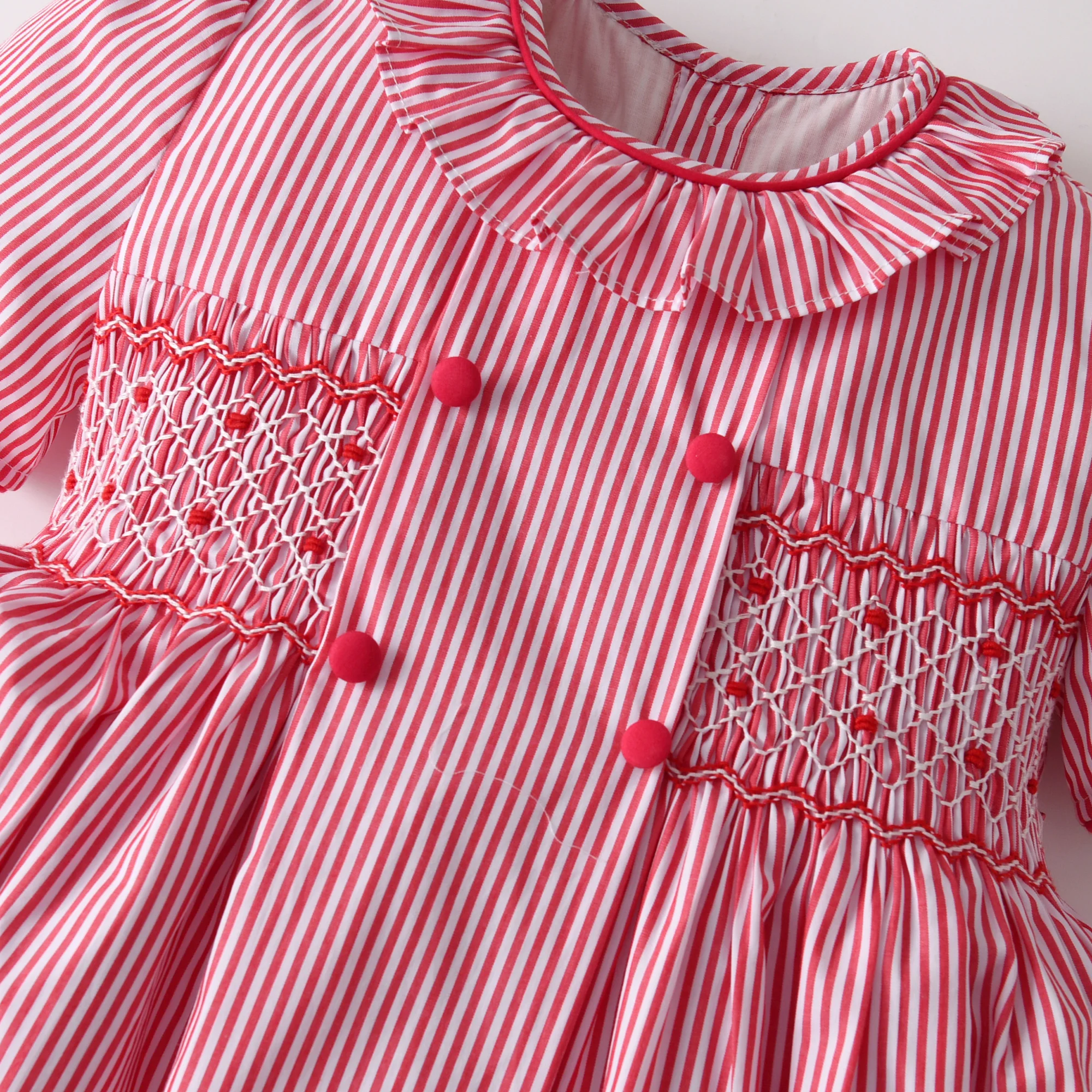 Stripe Frill Collar Kids Girls Dress Smocked Embroider Birthday Party Children Clothing Baby Short Sleeves Dresses For Summer