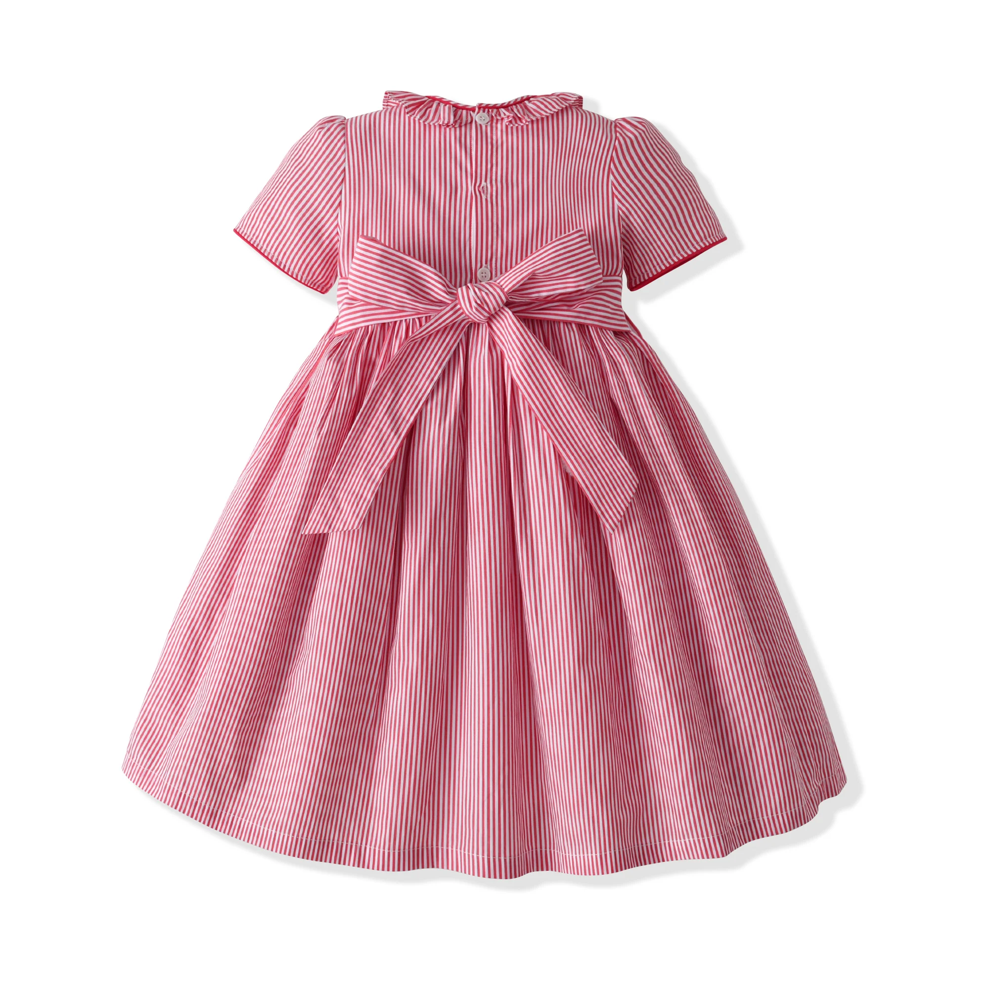 Stripe Frill Collar Kids Girls Dress Smocked Embroider Birthday Party Children Clothing Baby Short Sleeves Dresses For Summer