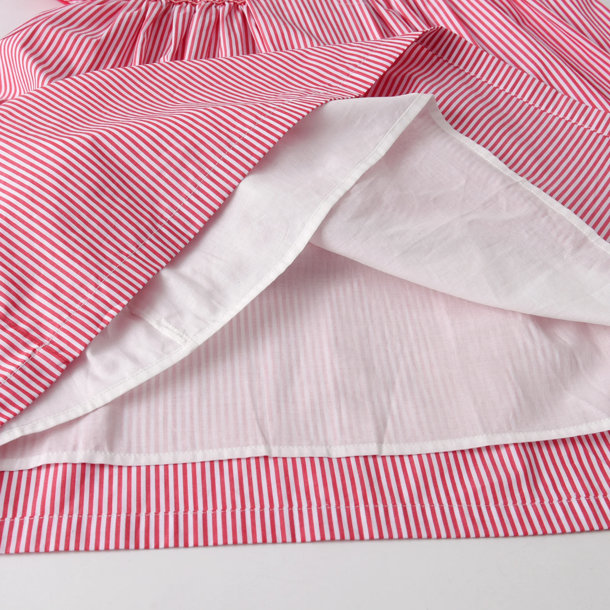 Stripe Frill Collar Kids Girls Dress Smocked Embroider Birthday Party Children Clothing Baby Short Sleeves Dresses For Summer