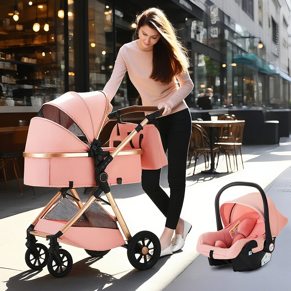 High Landscape 3 in 1 Baby Stroller Convertible Baby Pram with Car Seat Multifunction Infant Pushchair Easy Folding Travel Pram