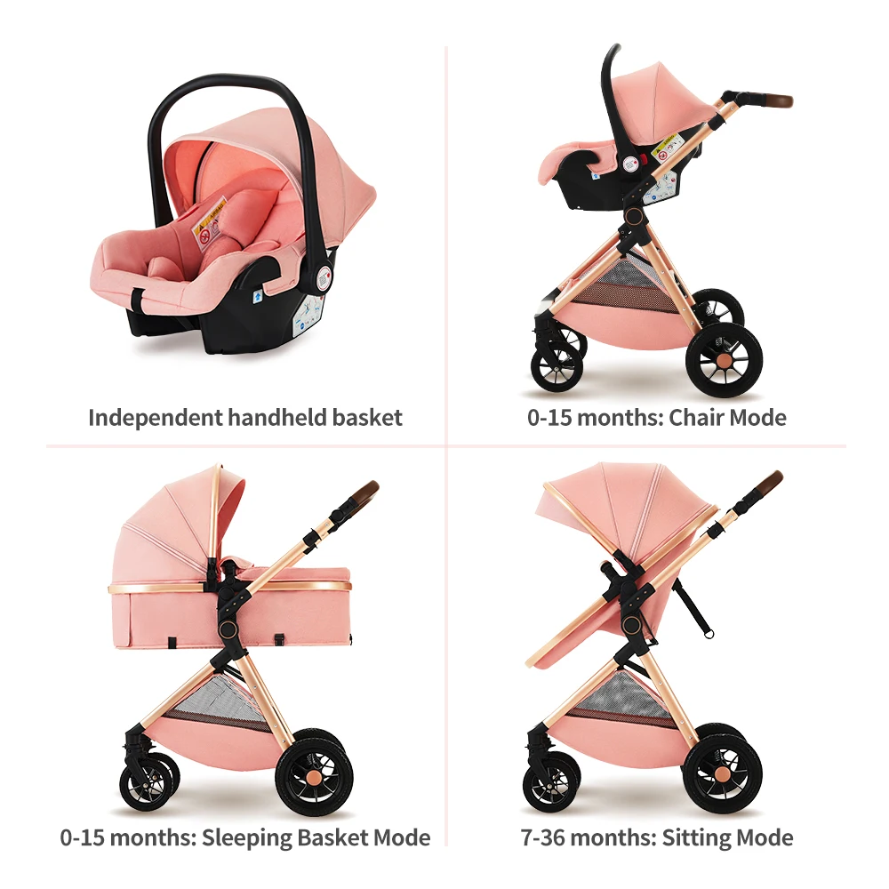 High Landscape 3 in 1 Baby Stroller Convertible Baby Pram with Car Seat Multifunction Infant Pushchair Easy Folding Travel Pram