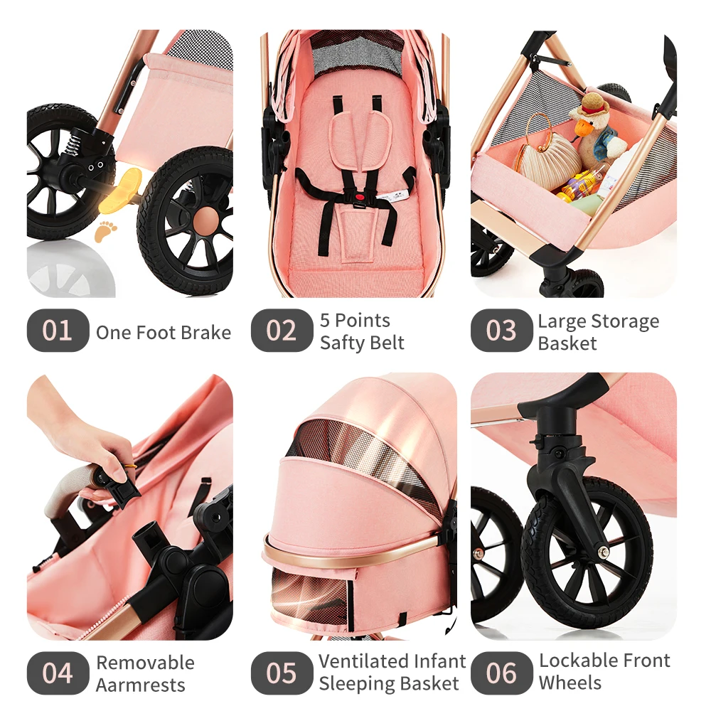 High Landscape 3 in 1 Baby Stroller Convertible Baby Pram with Car Seat Multifunction Infant Pushchair Easy Folding Travel Pram