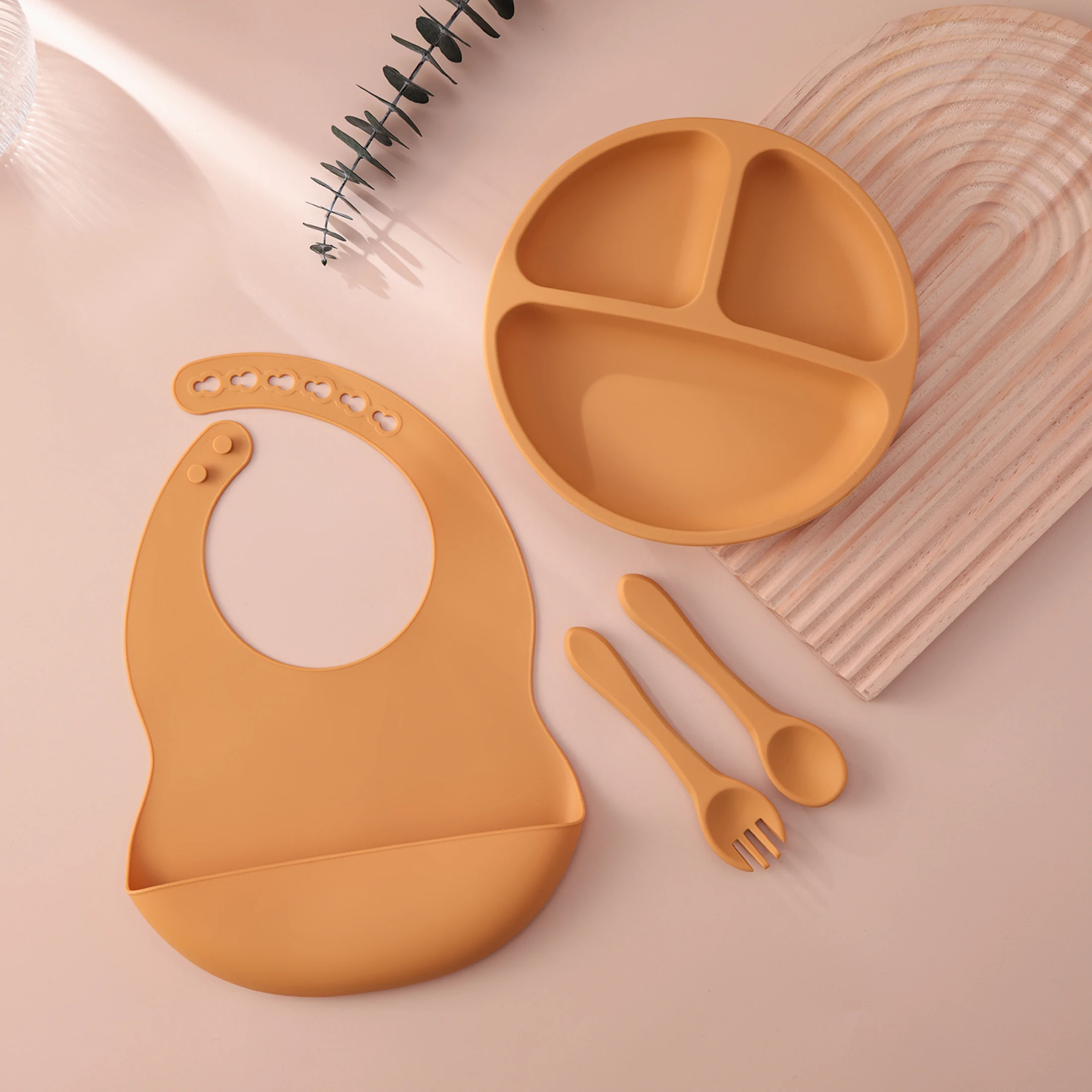 4PCS Baby Silicone Feeding Set With Suction Plate BPA Free Solid Color Waterproof Bib Portable Spoon Fork Children's Tableware