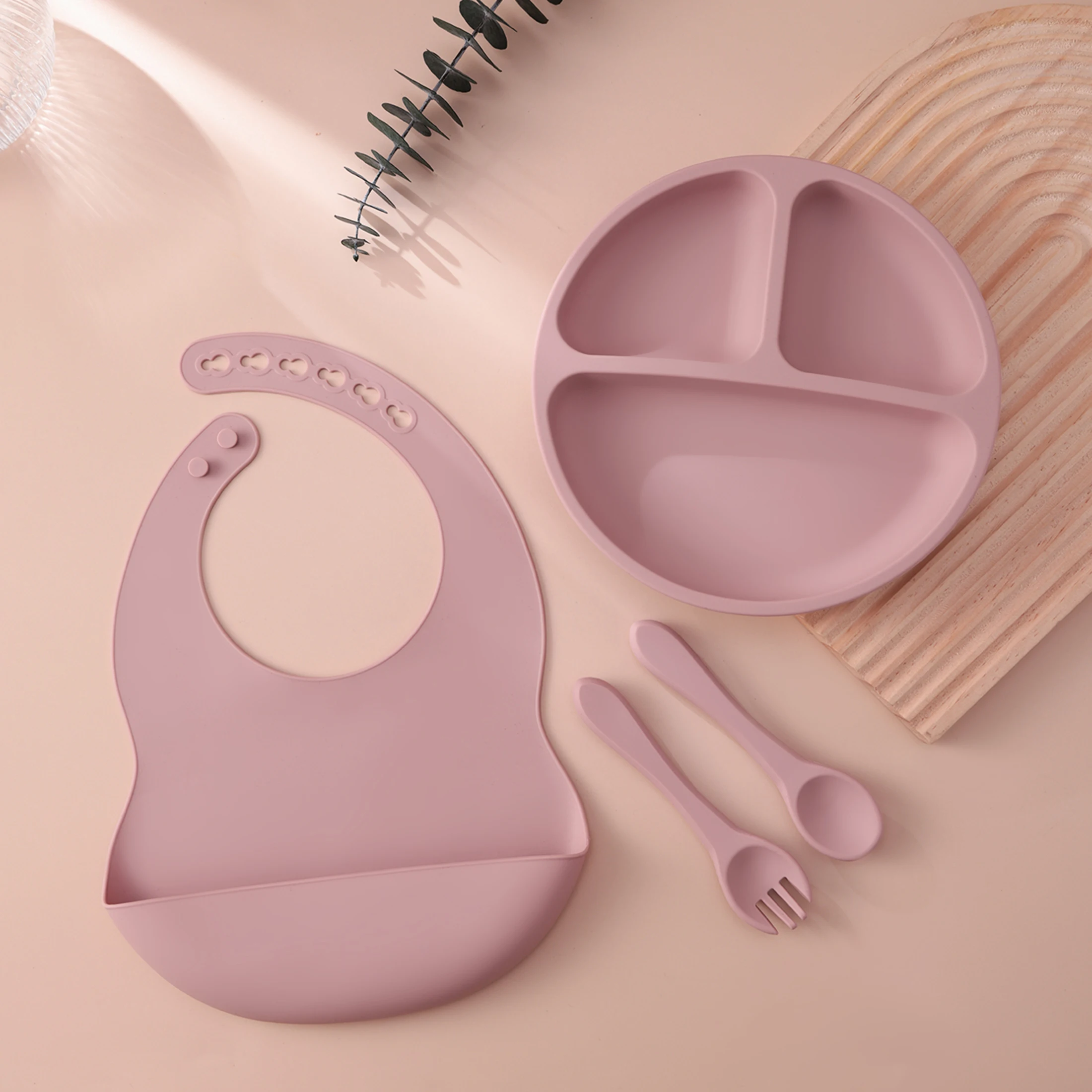 4PCS Baby Silicone Feeding Set With Suction Plate BPA Free Solid Color Waterproof Bib Portable Spoon Fork Children's Tableware