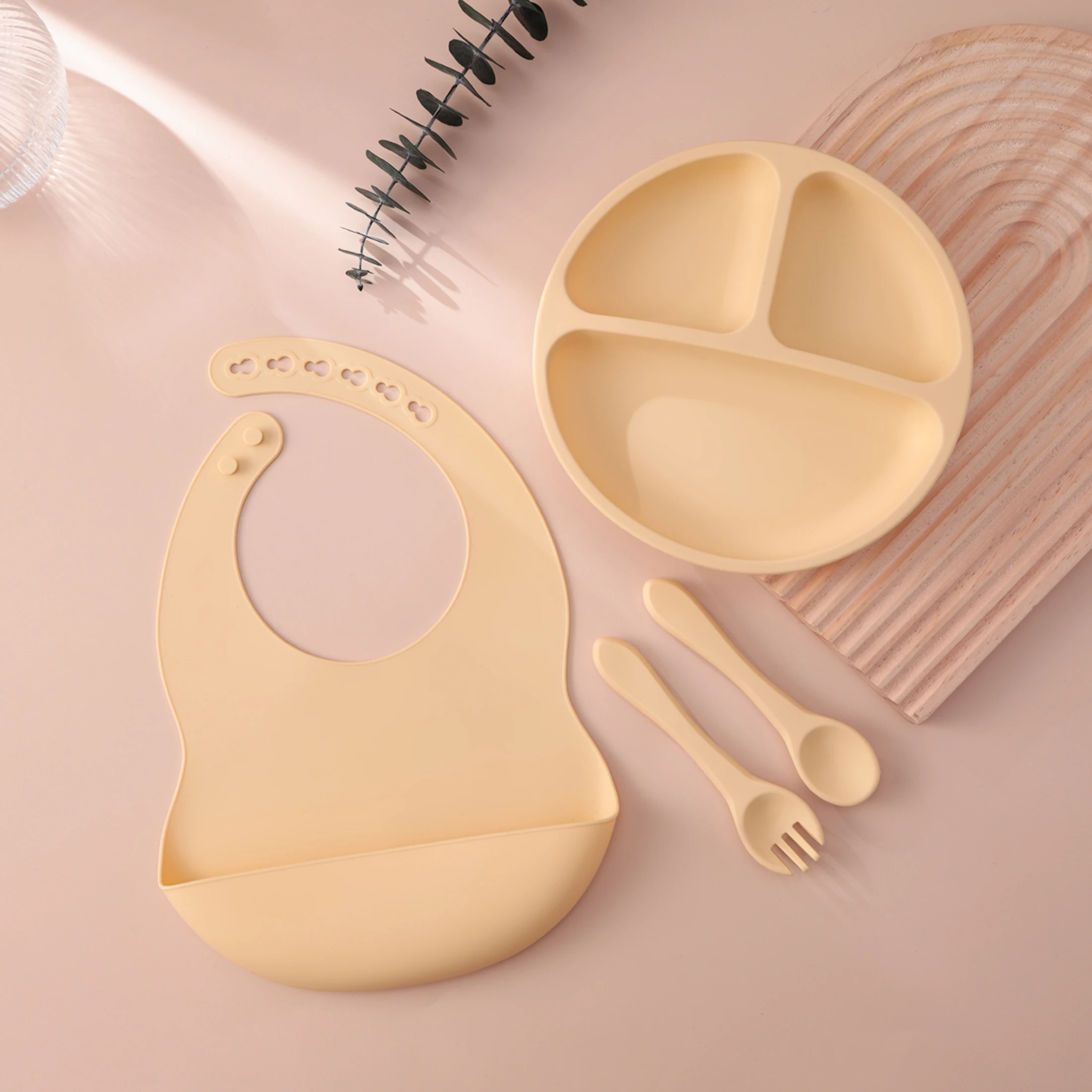 4PCS Baby Silicone Feeding Set With Suction Plate BPA Free Solid Color Waterproof Bib Portable Spoon Fork Children's Tableware