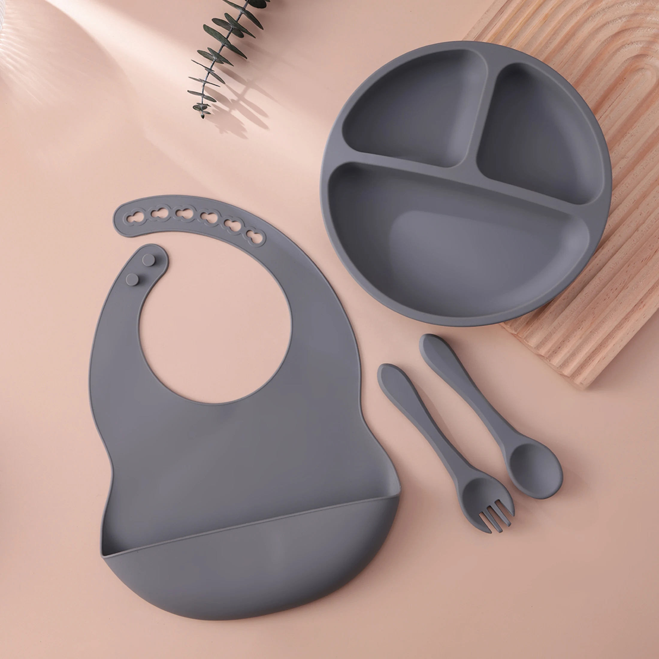 4PCS Baby Silicone Feeding Set With Suction Plate BPA Free Solid Color Waterproof Bib Portable Spoon Fork Children's Tableware