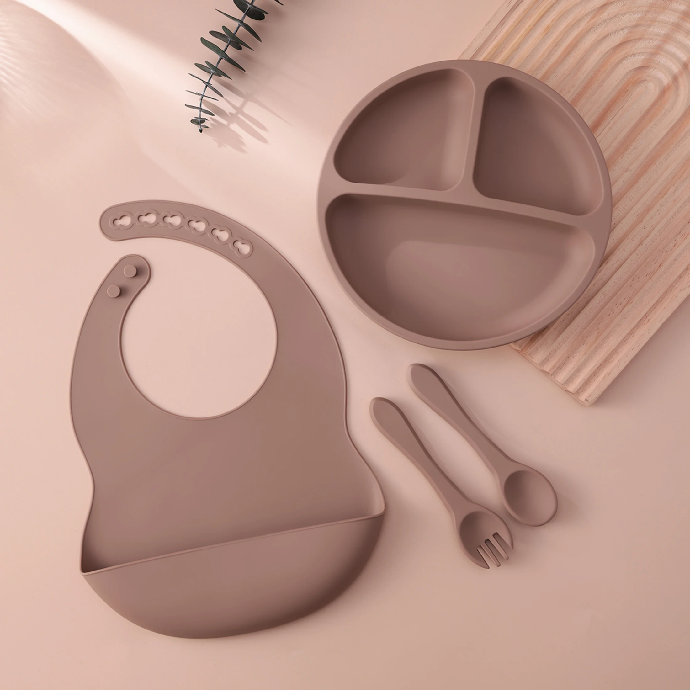 4PCS Baby Silicone Feeding Set With Suction Plate BPA Free Solid Color Waterproof Bib Portable Spoon Fork Children's Tableware