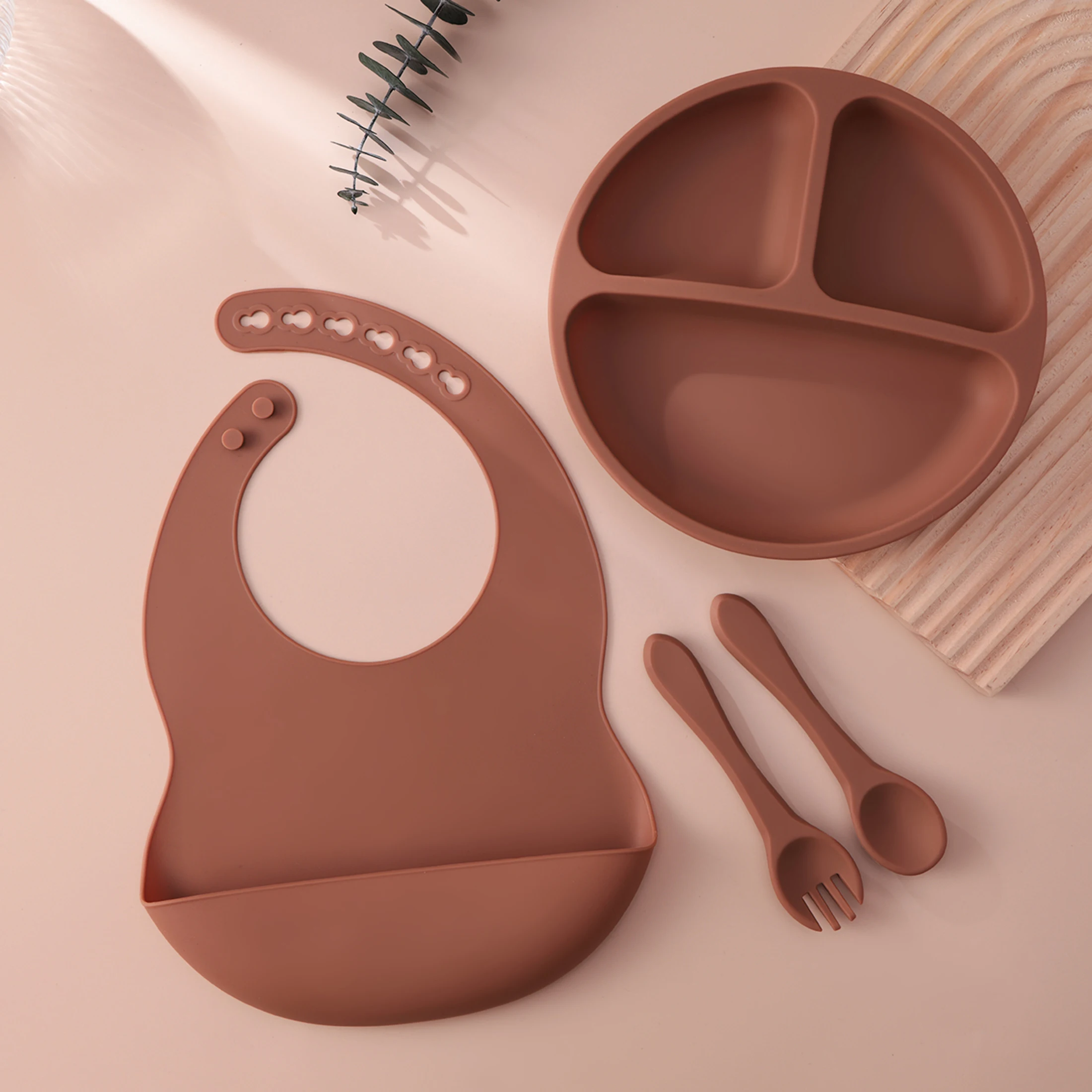 4PCS Baby Silicone Feeding Set With Suction Plate BPA Free Solid Color Waterproof Bib Portable Spoon Fork Children's Tableware