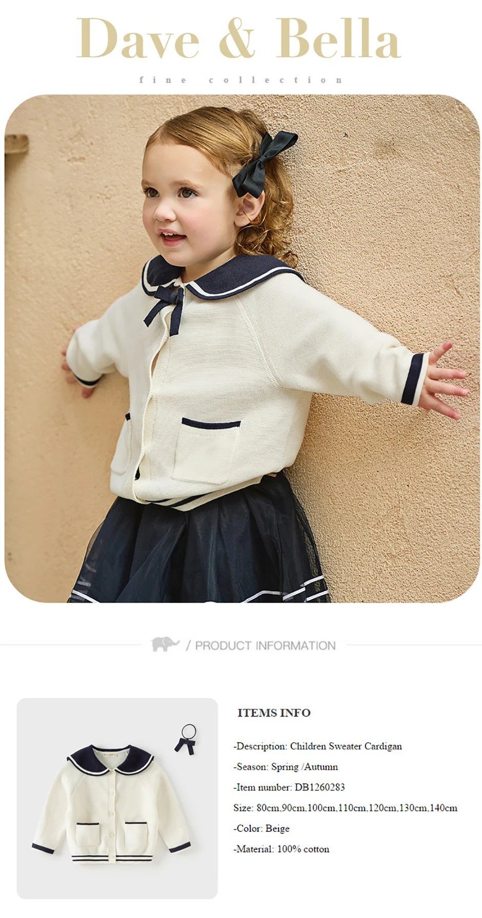 Dave Bella Girls Cardigan Sweater Autumn Spring Children Long Sleeves Sweater Knitted Tops Kids College Style Clothing DB1260283