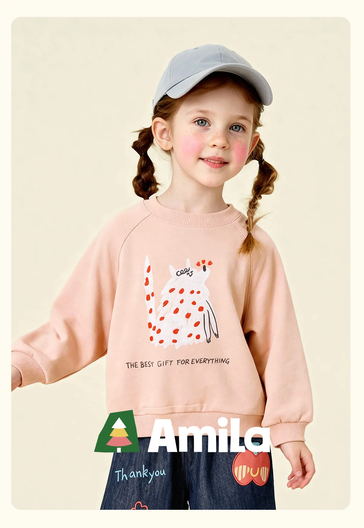 Amila Spring Children's Hoodie Round Neck Solid Color Cartoon Letter Printed Basic Versatile Daily Casual Long Sleeve Top