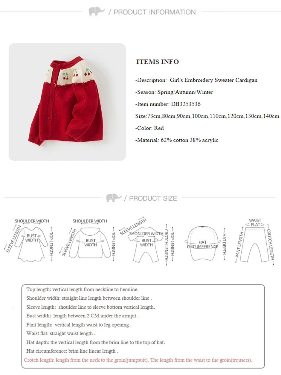 Dave Bella Children's Sweater Cardigan Tops Sweet Cute Autumn Red Knitted Long Sleeve Coat for Girls Baby Outdoor DB3253536