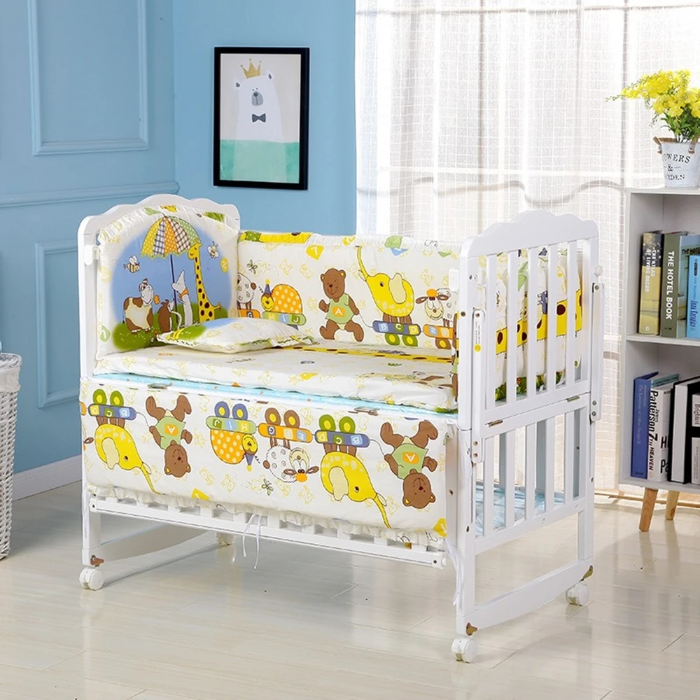 6Pcs Baby Nursery Cot Bedding Set Crib Matress Sets Crib Bumper kit berço para bebê (4Bumpers+Matress+Pillow)