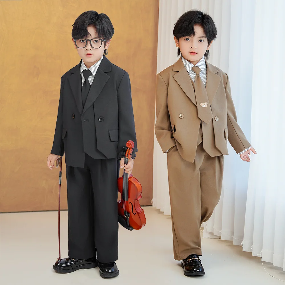 Gentleman Kids Black Suit Set Boys Wedding Birthday Photography Dress Children's Piano Host Speech Performance Costume