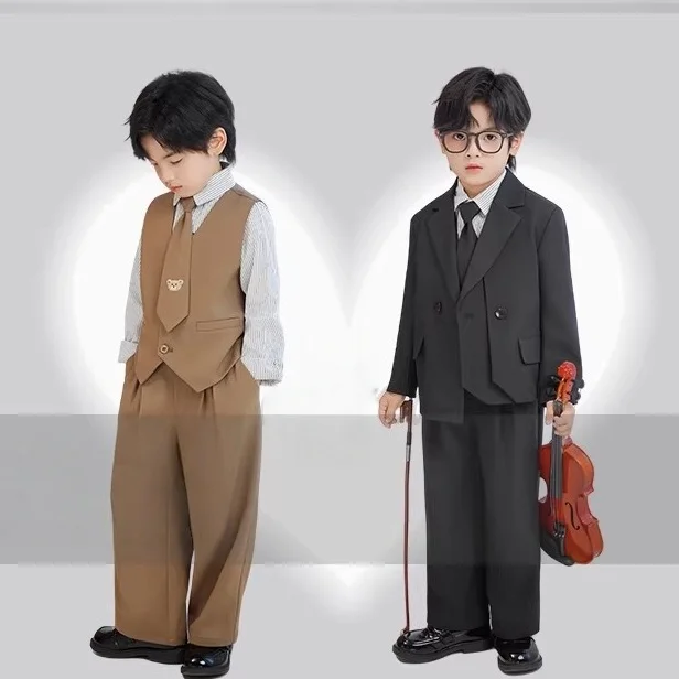 Gentleman Kids Black Suit Set Boys Wedding Birthday Photography Dress Children's Piano Host Speech Performance Costume