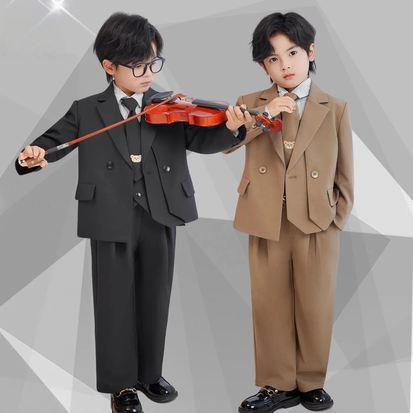 Gentleman Kids Black Suit Set Boys Wedding Birthday Photography Dress Children's Piano Host Speech Performance Costume