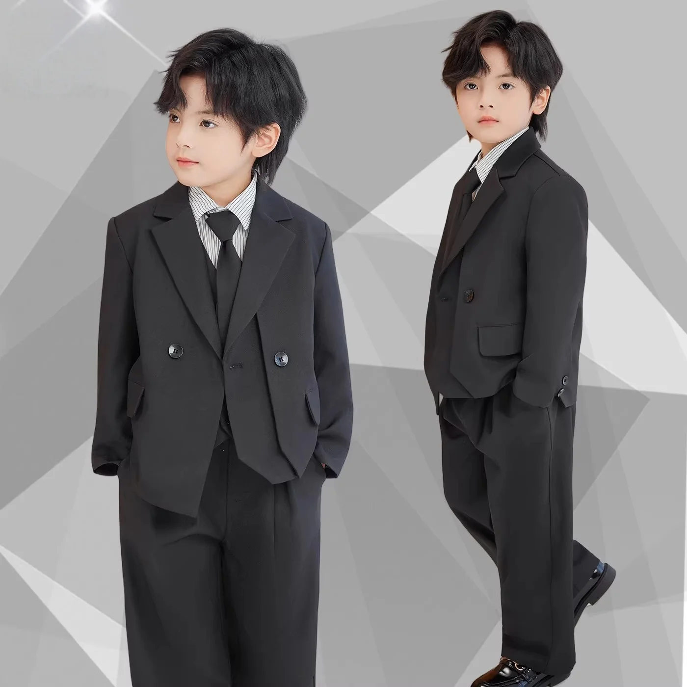 Gentleman Kids Black Suit Set Boys Wedding Birthday Photography Dress Children's Piano Host Speech Performance Costume