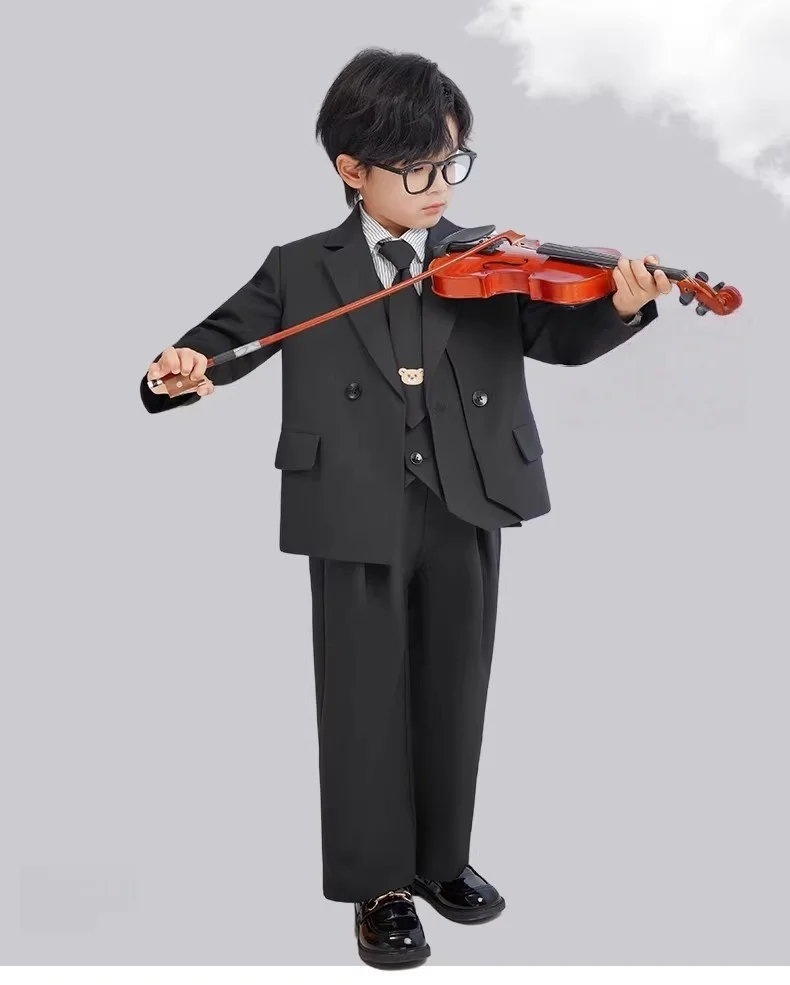 Gentleman Kids Black Suit Set Boys Wedding Birthday Photography Dress Children's Piano Host Speech Performance Costume