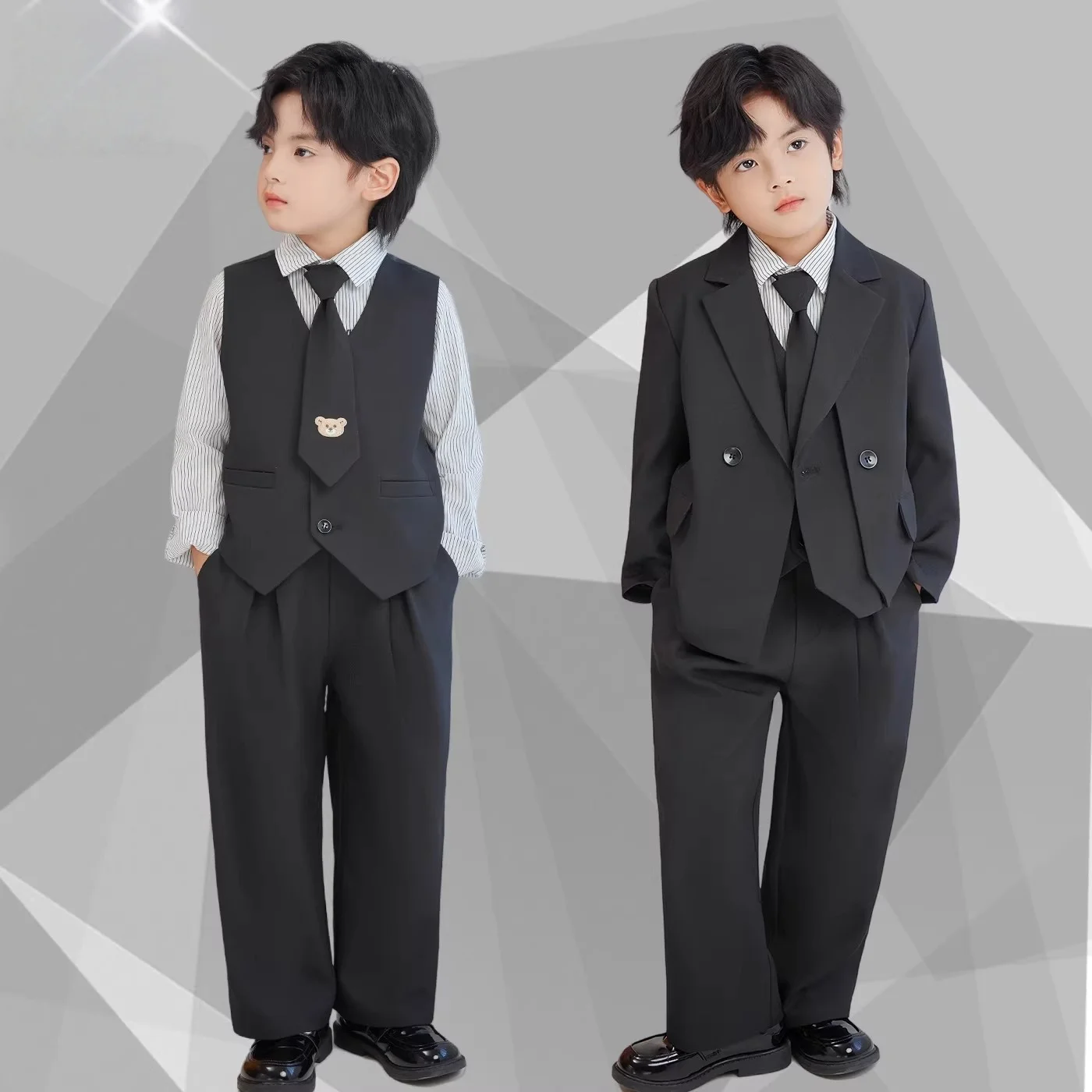Gentleman Kids Black Suit Set Boys Wedding Birthday Photography Dress Children's Piano Host Speech Performance Costume