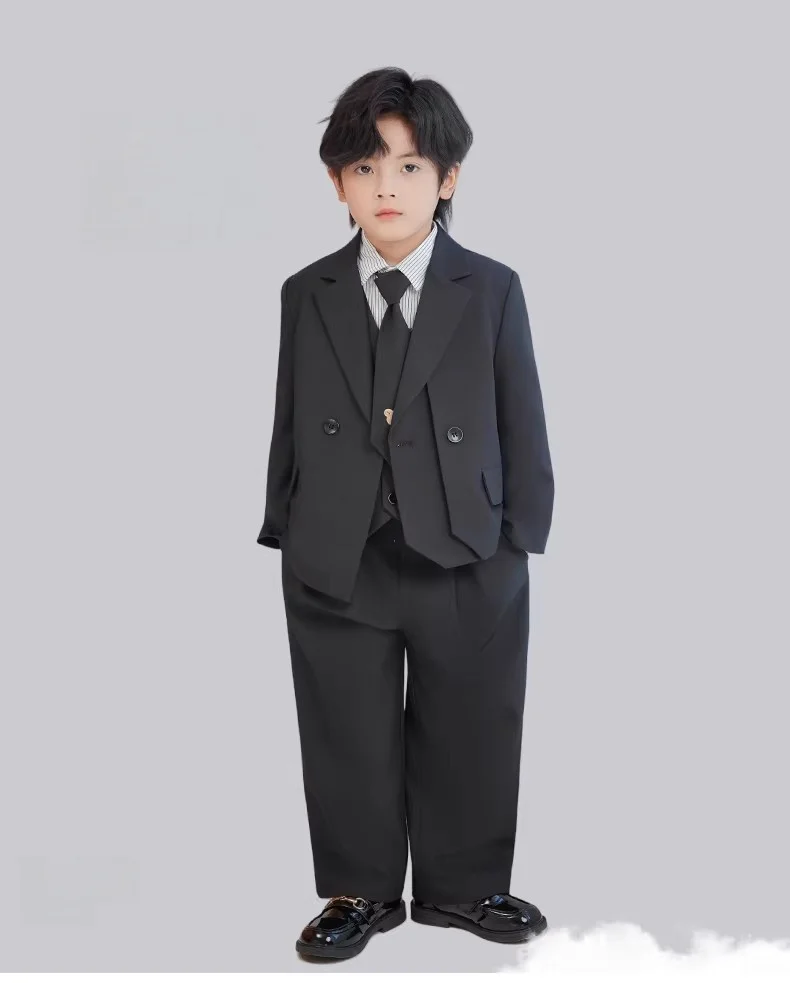 Gentleman Kids Black Suit Set Boys Wedding Birthday Photography Dress Children's Piano Host Speech Performance Costume