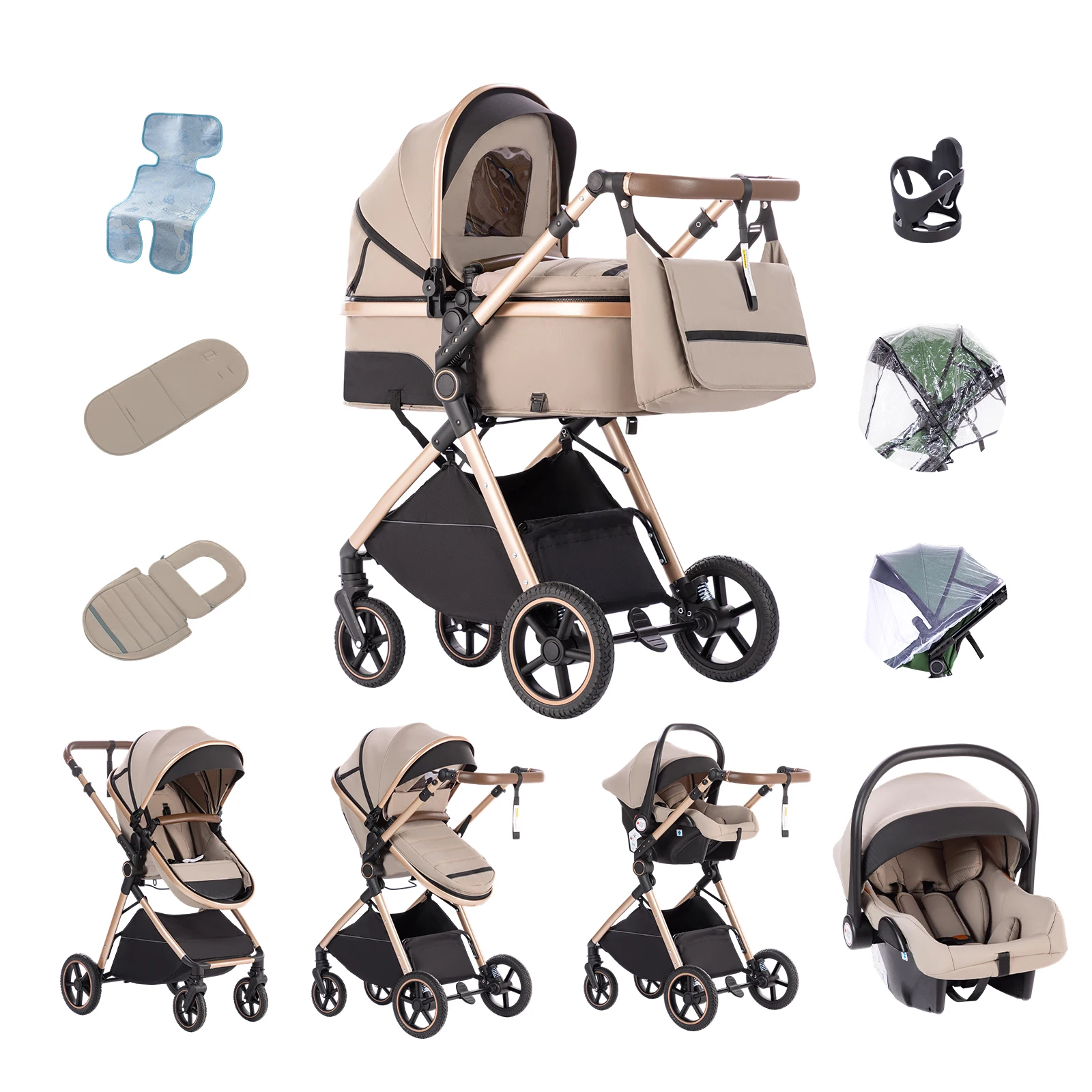 Baby Stroller 3 in 1 Easy Folding Multifunctional Stroller Travel Portable Baby Carriage Safety Seat EU Standard for Newborn