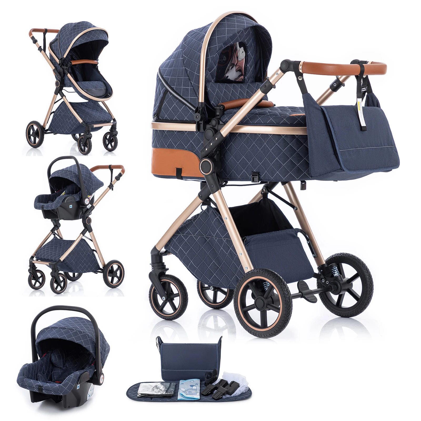 Baby Stroller 3 in 1 Easy Folding Multifunctional Stroller Travel Portable Baby Carriage Safety Seat EU Standard for Newborn