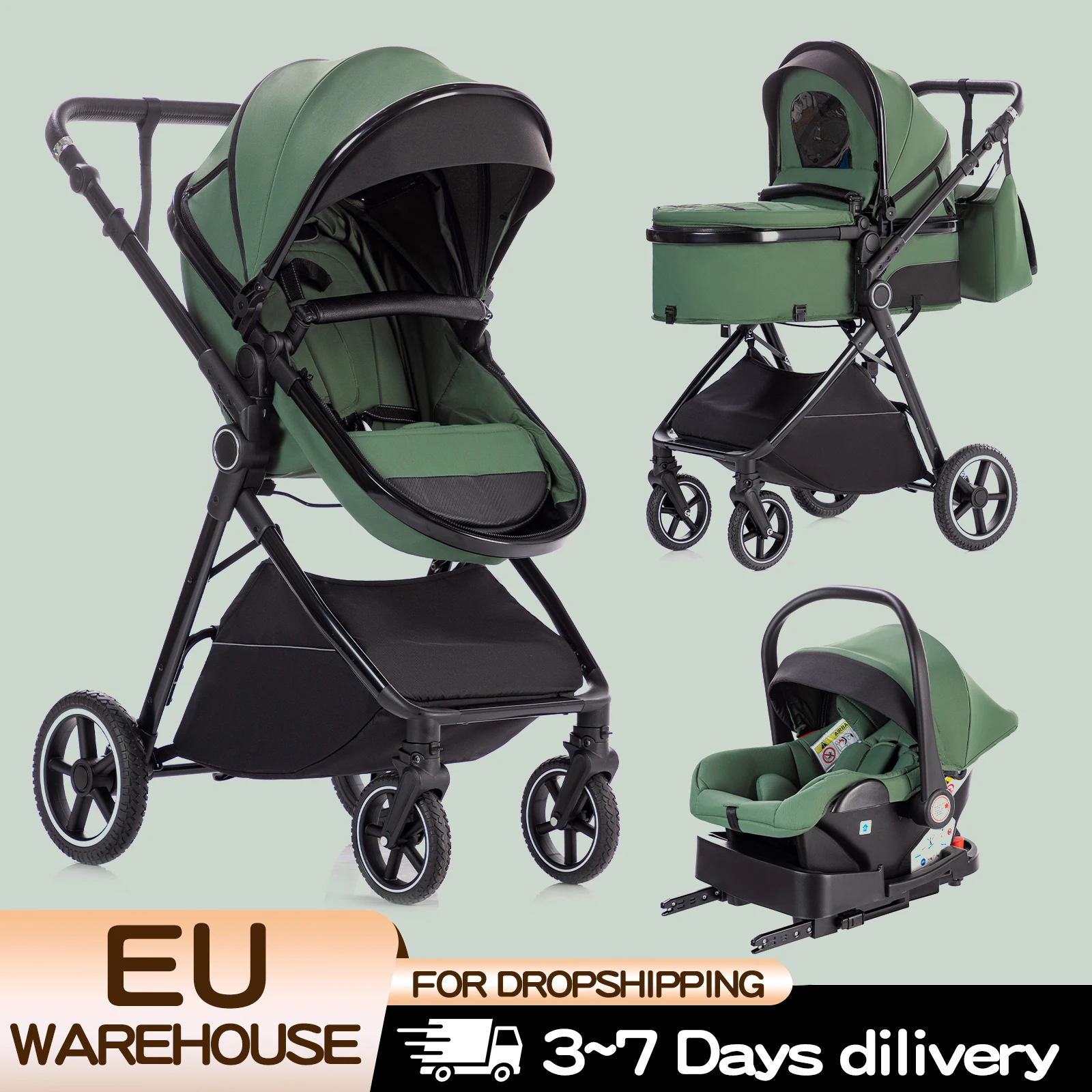 Baby Stroller 3 in 1 Easy Folding Multifunctional Stroller Travel Portable Baby Carriage Safety Seat EU Standard for Newborn