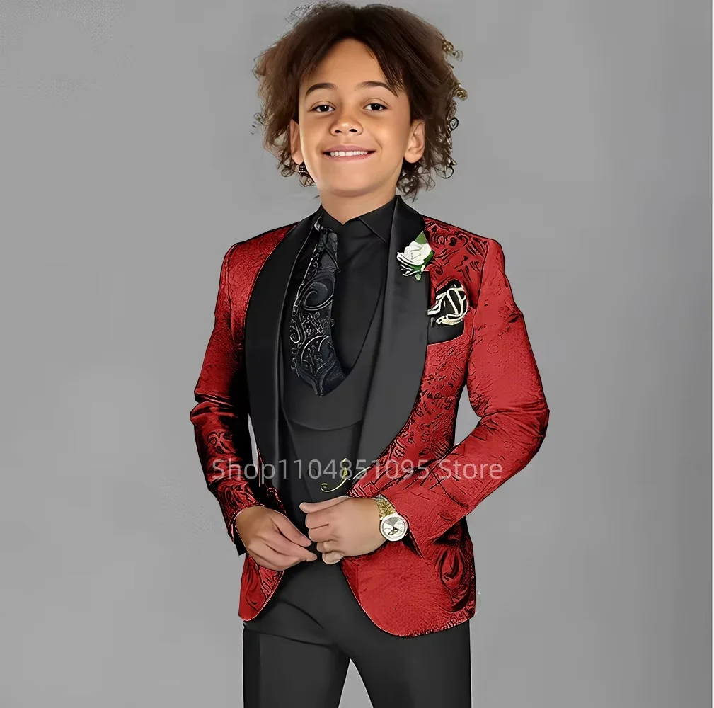 Blue Jacquard Suit For Boy Kid Wedding Tuxedos Formal Wear Birthday Stage Performance Costumes 3PCS Set Blazer Vest Pants Set
