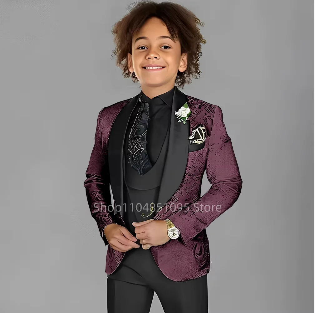Blue Jacquard Suit For Boy Kid Wedding Tuxedos Formal Wear Birthday Stage Performance Costumes 3PCS Set Blazer Vest Pants Set