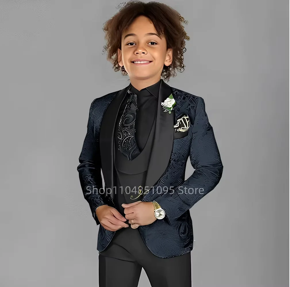 Blue Jacquard Suit For Boy Kid Wedding Tuxedos Formal Wear Birthday Stage Performance Costumes 3PCS Set Blazer Vest Pants Set