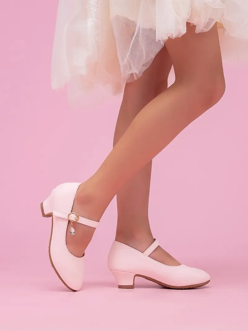 Girls Leather Shoes Spring Autumn Non-slip Kids Wedding Party Shoes Catwalk Fashion Elegant Children Princess Causal High Heels
