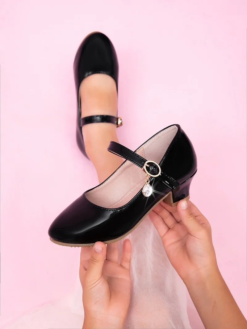 Girls Leather Shoes Spring Autumn Non-slip Kids Wedding Party Shoes Catwalk Fashion Elegant Children Princess Causal High Heels