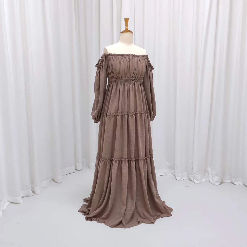 Soft Linen Cotton Off Shoulder Long Sleeved Cake Dress Bohemian Photo Shooting Pregnancy Dress Photography Dress For Women