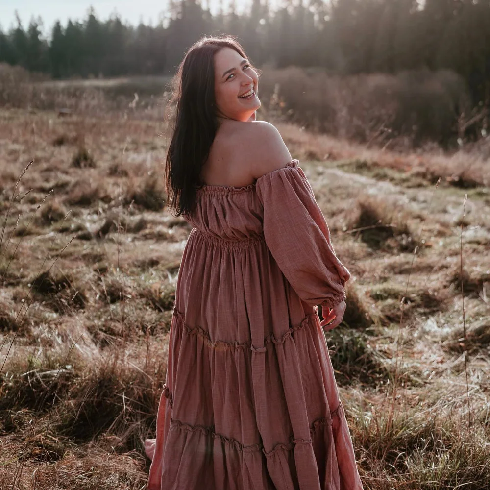 Soft Linen Cotton Off Shoulder Long Sleeved Cake Dress Bohemian Photo Shooting Pregnancy Dress Photography Dress For Women
