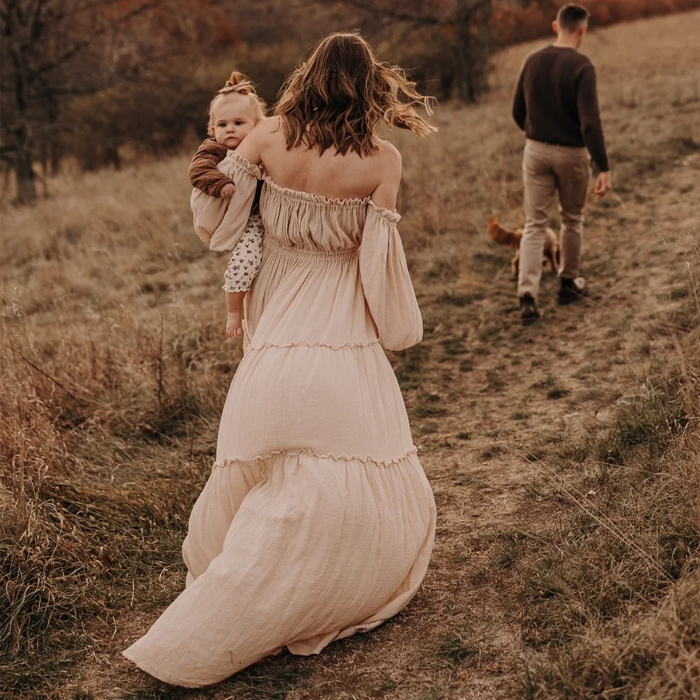 Soft Linen Cotton Off Shoulder Long Sleeved Cake Dress Bohemian Photo Shooting Pregnancy Dress Photography Dress For Women