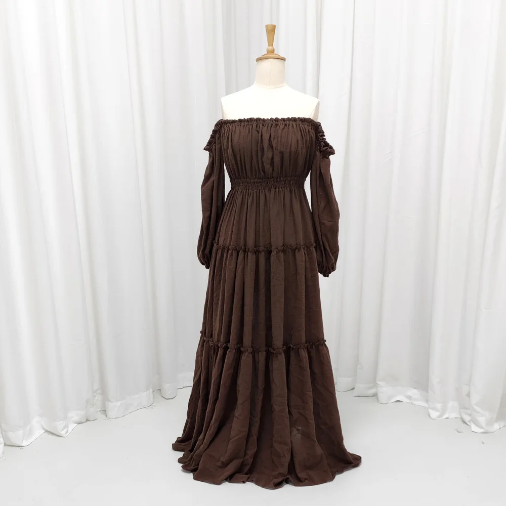 Soft Linen Cotton Off Shoulder Long Sleeved Cake Dress Bohemian Photo Shooting Pregnancy Dress Photography Dress For Women