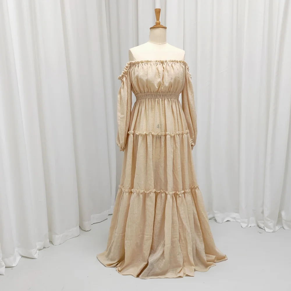 Soft Linen Cotton Off Shoulder Long Sleeved Cake Dress Bohemian Photo Shooting Pregnancy Dress Photography Dress For Women