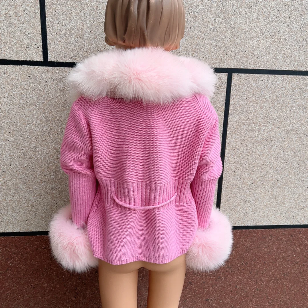 HUAQIUMEISI Children's Fox Fur Cardigan Autumn Winter Fashion Kids Raccoon Fur Cardigan and Women Real Fox Fur Cardigan