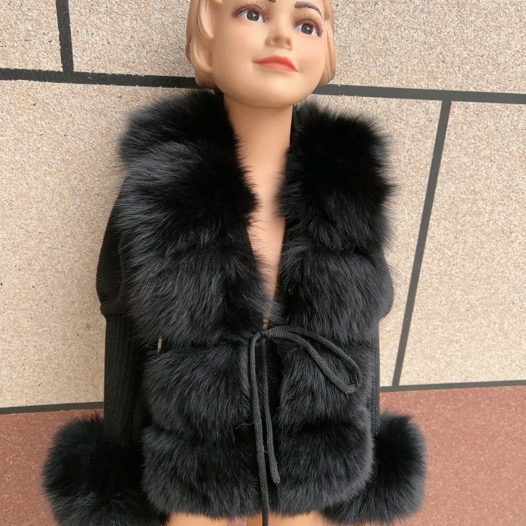 HUAQIUMEISI Children's Fox Fur Cardigan Autumn Winter Fashion Kids Raccoon Fur Cardigan and Women Real Fox Fur Cardigan