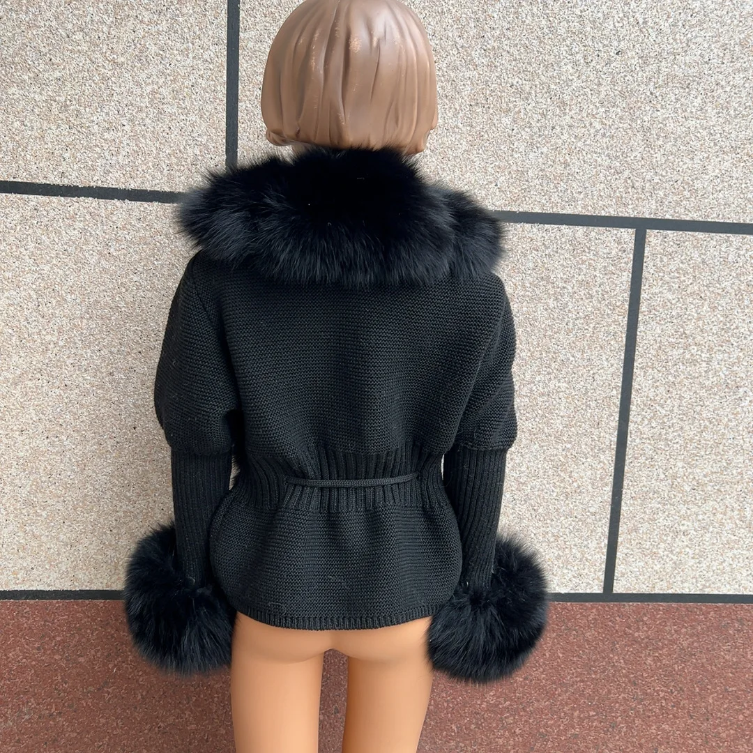 HUAQIUMEISI Children's Fox Fur Cardigan Autumn Winter Fashion Kids Raccoon Fur Cardigan and Women Real Fox Fur Cardigan