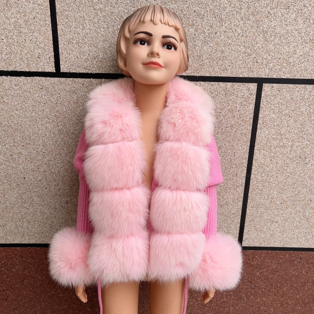 HUAQIUMEISI Children's Fox Fur Cardigan Autumn Winter Fashion Kids Raccoon Fur Cardigan and Women Real Fox Fur Cardigan