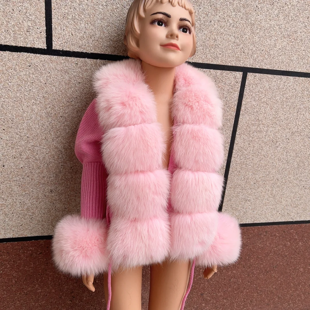 HUAQIUMEISI Children's Fox Fur Cardigan Autumn Winter Fashion Kids Raccoon Fur Cardigan and Women Real Fox Fur Cardigan